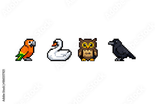 Pixel art collection of four distinct birds: parrot, swan, owl, and crow