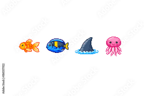 Pixel art collection of marine animals including fish, shark fin, and jellyfish