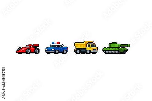 Pixel art collection of a race car, police car, dump truck, and tank