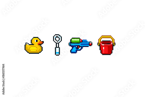 Pixel art collection of summer fun toys: rubber duck, bubble wand, water gun, and bucket