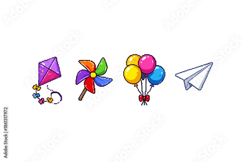 Pixel art collection of kite, pinwheel, balloons, and paper airplane on white background