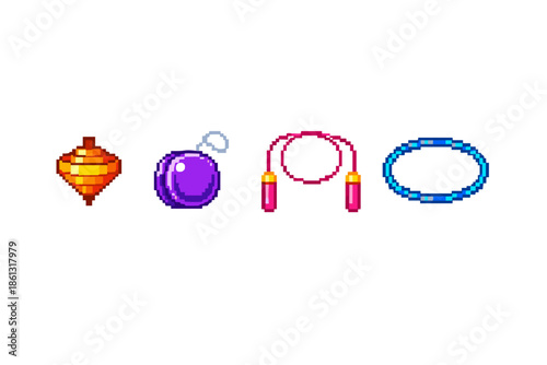Pixel art collection of classic toys: spinning top, yo-yo, jump rope, and hula hoop