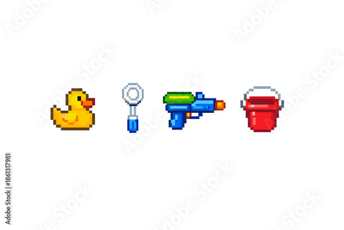 Pixel art collection of summer toys: rubber duck, bubble wand, water gun, and bucket
