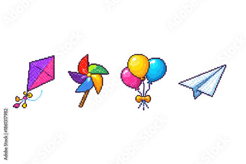 Pixel art collection of kite, pinwheel, balloons, and paper airplane for fun