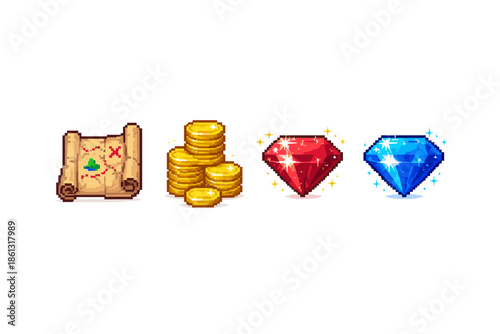 Pixel art treasure map, gold coins, and sparkling gems for game assets