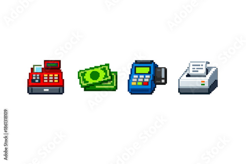 Pixel art icons for cash register, money, payment terminal, and receipt printer