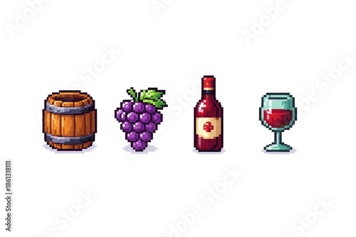 Pixel art icons of wine barrel, grapes, bottle, and glass on white background