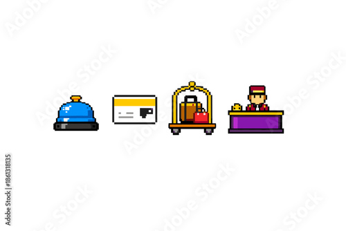 Pixel art hotel icons: bellhop, luggage cart, key card, and reception desk