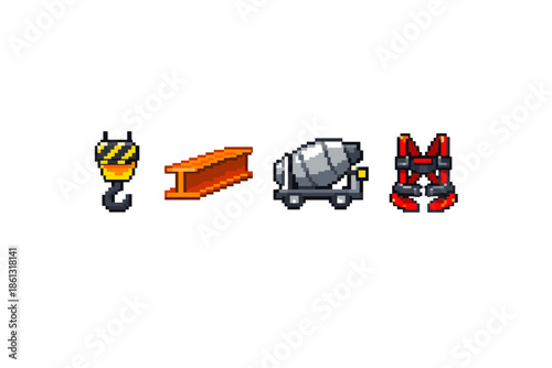 Pixel art construction icons: crane hook, steel beam, cement mixer, and safety harness