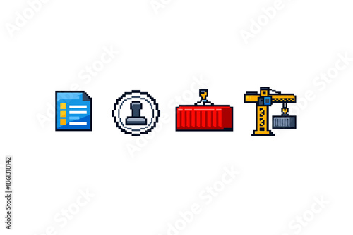 Pixel art icons representing logistics, shipping, and approval processes