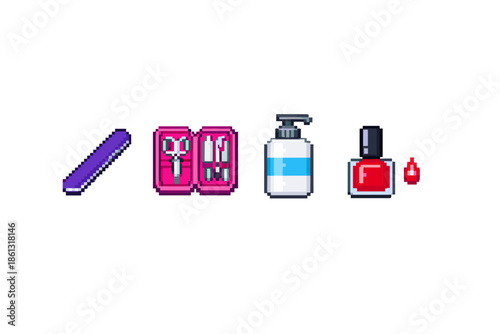 Pixel art manicure set with nail polish and sanitizer for beauty care