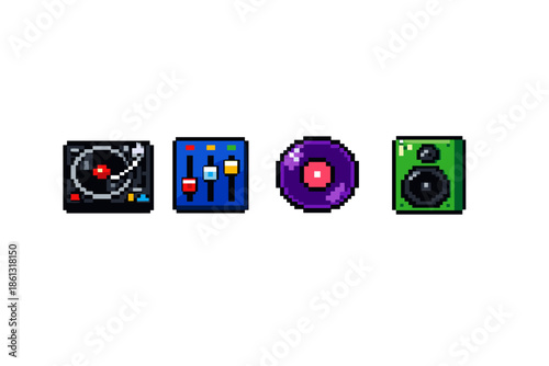 Pixel art icons of DJ equipment and music elements on a white background