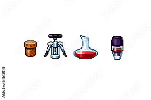 Pixel art icons of wine accessories and red liquid in bottles and decanter