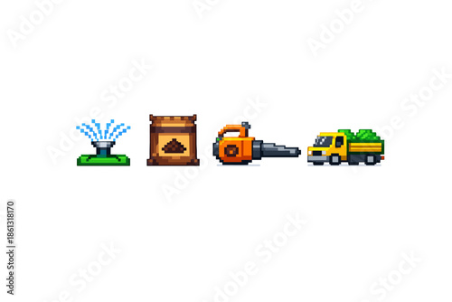 Pixel art icons for gardening and landscaping tasks, including watering and hauling