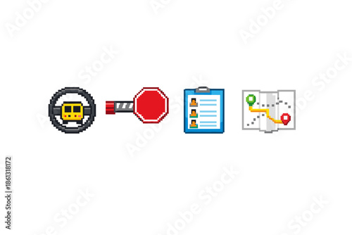 Pixel art icons representing driving, rules, and navigation for a journey