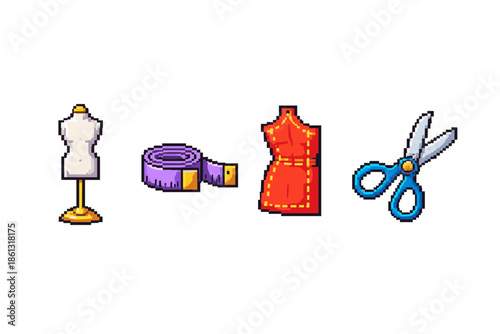 Pixel art sewing tools: mannequin, tape measure, dress form, and scissors
