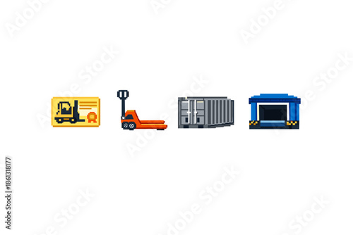 Pixel art icons representing logistics and shipping elements for digital design