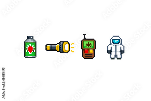 Pixel art icons for pest control, investigation, and safety equipment