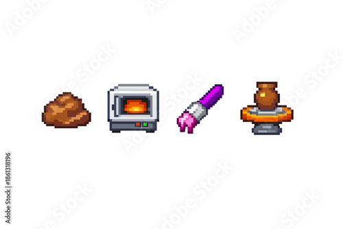 Pixel art icons representing the pottery making process: clay, kiln, brush, and wheel