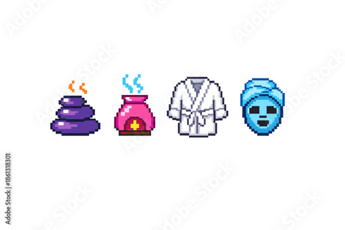 Pixel art spa icons: hot stones, diffuser, robe, and face mask for relaxation