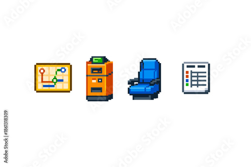 Pixel art icons for transportation: map, ticket machine, seat, and document
