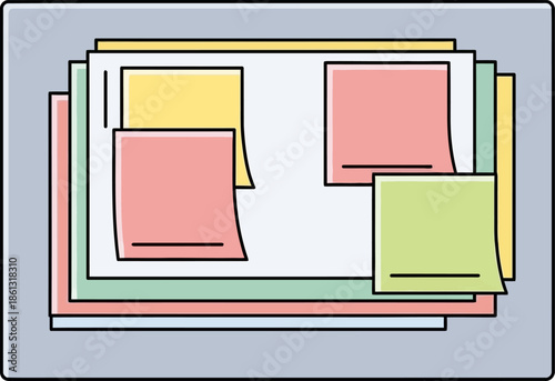 Stack of Colorful Sticky Notes on Papers for Brainstorming and Idea Organization announcement board