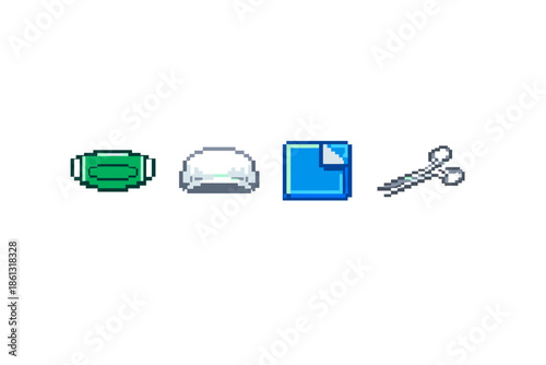 Pixel art medical icons: surgical mask, cap, document, and scissors