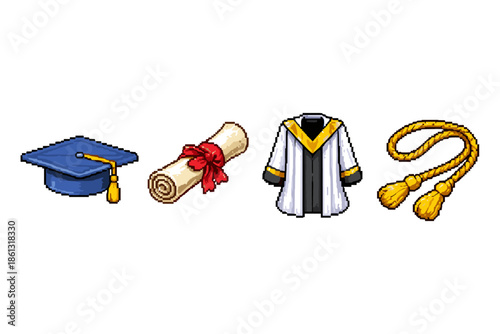 Pixel art graduation cap, diploma, academic robe, and tassel for educational achievement
