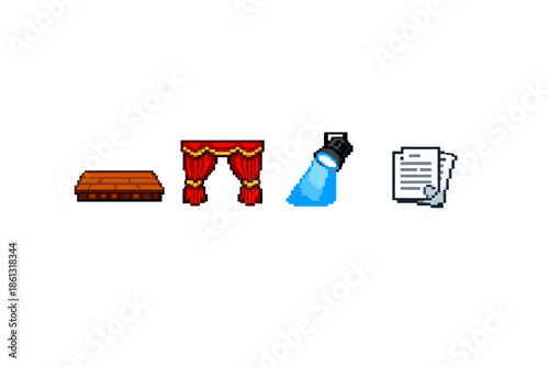 Pixel art icons representing stage elements: platform, curtains, spotlight, and documents