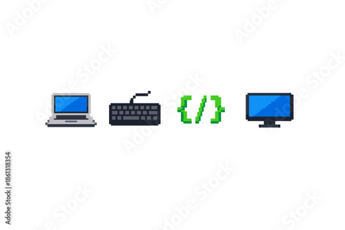 Pixel art icons of laptop, keyboard, code symbols, and monitor on white background