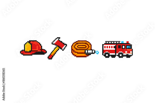 Pixel art icons of firefighter equipment including helmet, axe, hose, and truck