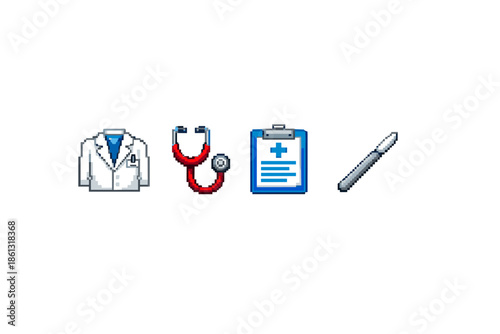 Pixel art medical icons: doctor's coat, stethoscope, clipboard, and scalpel