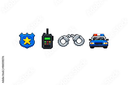 Pixel art police badge, walkie-talkie, handcuffs, and patrol car icons