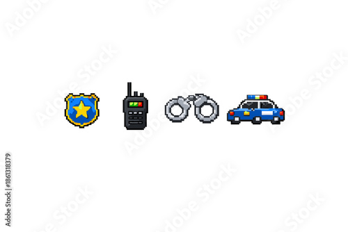Pixel art police icons: badge, radio, handcuffs, and car