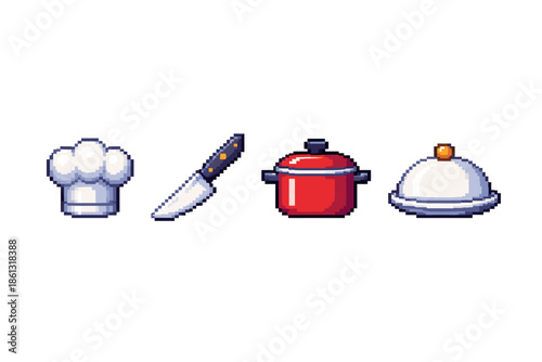 Pixel art icons of chef hat, knife, pot, and cloche for culinary themes