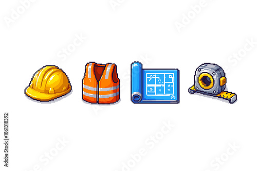 Construction safety gear and tools, including hard hat, vest, blueprint, and tape measure