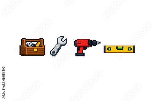 Pixel art icons of a toolbox, wrench, drill, and level on a white background