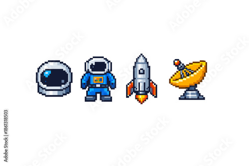 Pixel art space icons: astronaut, rocket, and satellite dish on white background