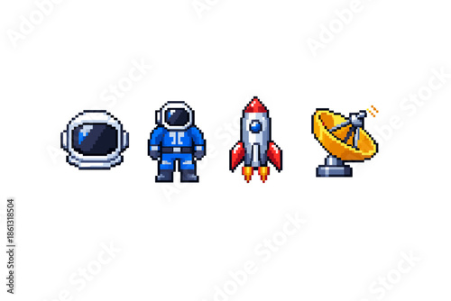 Pixel art icons of astronaut, rocket, and satellite for space exploration themes