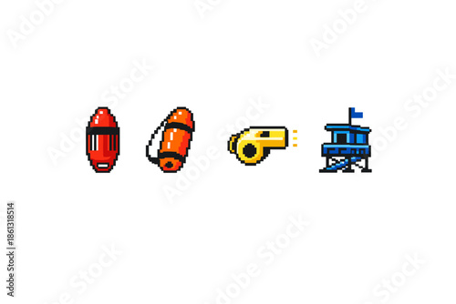 Pixel art icons of lifeguard equipment and rescue tower for beach safety