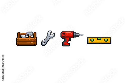 Pixel art icons of essential tools: toolbox, wrench, drill, and level