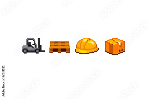 Pixel art icons of forklift, pallet, hard hat, and box for logistics and construction
