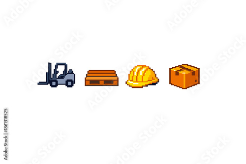 Pixel art icons of forklift, pallet, hard hat, and box for logistics and construction