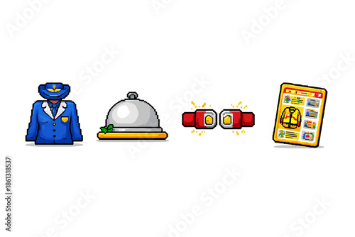 Pixel art icons representing airline services: pilot uniform, food service, seatbelts, and in-flight entertainment