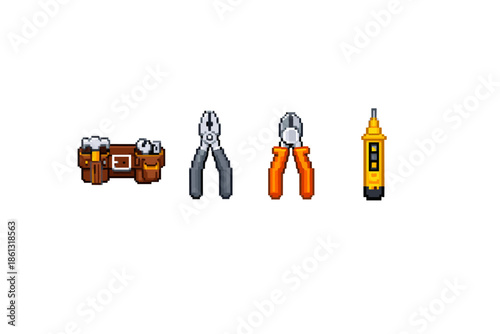 Pixel art tools including a tool belt, pliers, and voltage tester