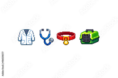 Pixel art icons representing veterinary care and pet supplies for animal health