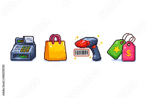 Pixel art icons of retail and shopping elements: cash register, bag, scanner, and tags