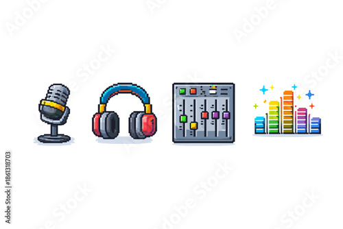 Pixel art icons for audio production: microphone, headphones, mixer, and equalizer