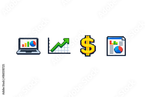 Pixel art icons representing financial growth, data analysis, and business success
