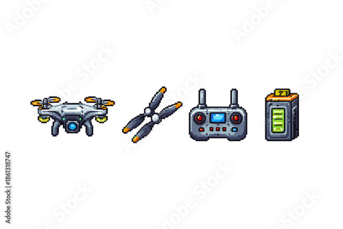 Pixel art drone, propellers, remote control, and battery pack icons